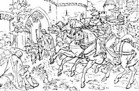 Nach scharfem Ritt gelangen der Adelige und sein Tross rasch zum Schloss. Mit Erstaunen sehen sie aber, dass Wendelin bereits die Schafherde durch die Pforte treibt.