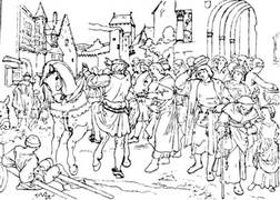Wendelin begegnet vor der Kirche einem adeligen Herrn und bittet um Almosen. Der Adelige fordert Wendelin auf sich seinen Unterhalt als Hirte in seinen Diensten zu verdienen.