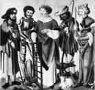 Flügel eines Nothelfer-Altares, von links nach rechts: Jakobus, Florian, Laurentius, Wendelin, Genoveva. Augustiner Museum, Freiburg/Breisgau